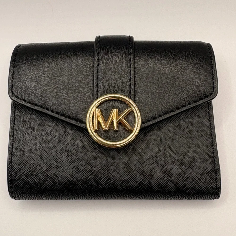 Michael Kors Black Leather Trifold Wallet Gold MK‎ Logo Medallion Snap Closure